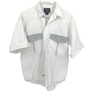 Weekends in California Vintage Men's White Half Sleeve Button Up Stripe Pockets